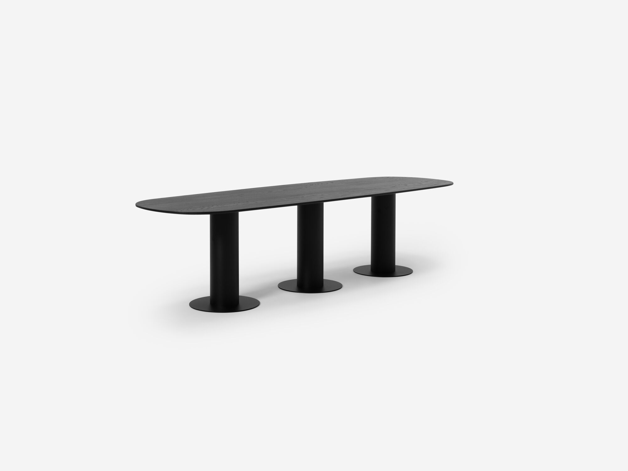 Front angle view of giant black dining table